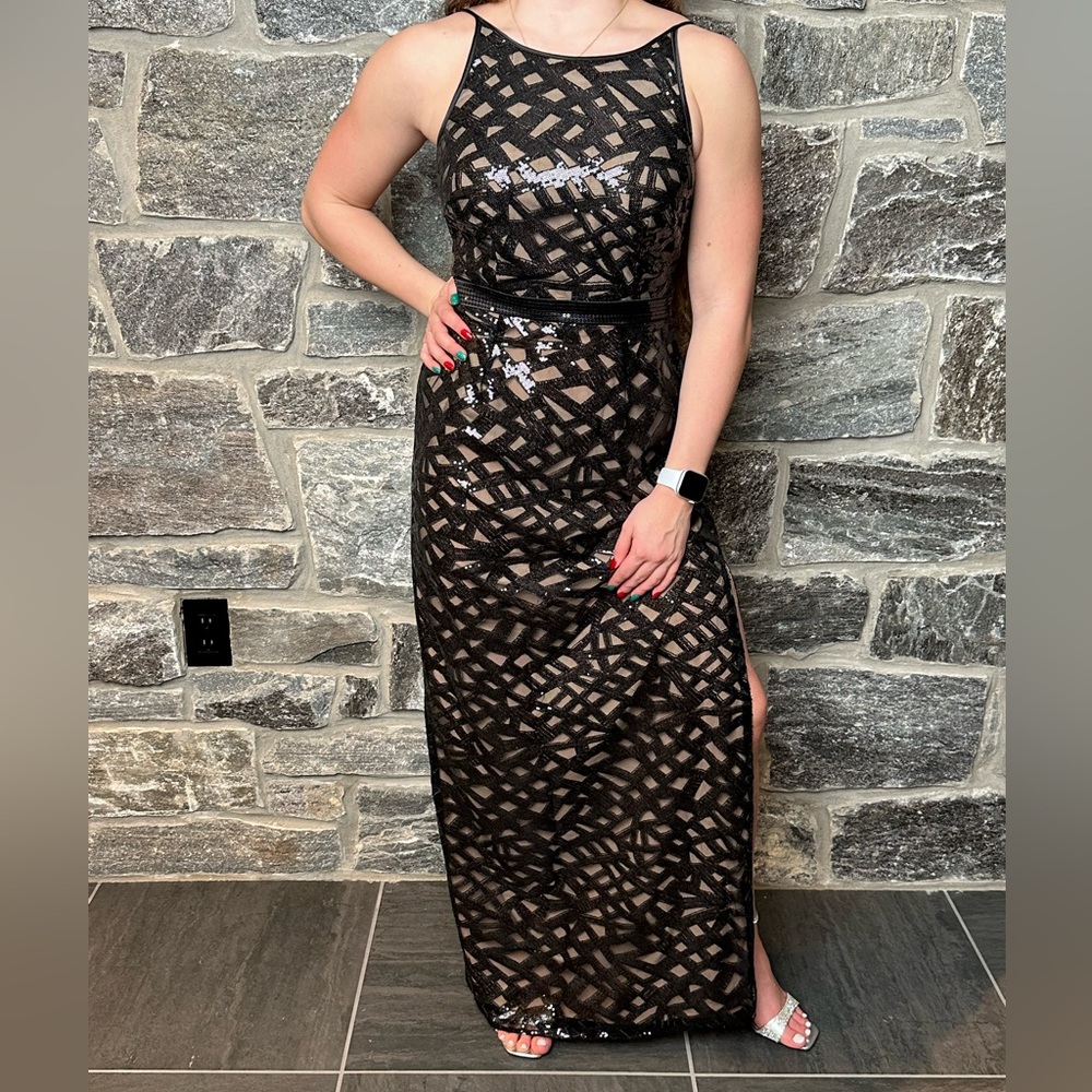 Sequin Illusion Gown High Neck Spaghetti straps Black Lined Side Slit size 6
